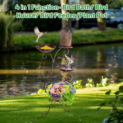 Bird Bath for Outside, 37" Antique Brass Metal Bird Bath Outdoors with Solar Lights, 4-in-1 Rust-Resistant Bird Feeder and House Combo, Detachable Flower Pots for Garden Yard Patio Decor - color: Brown S Shape-with Solar Light