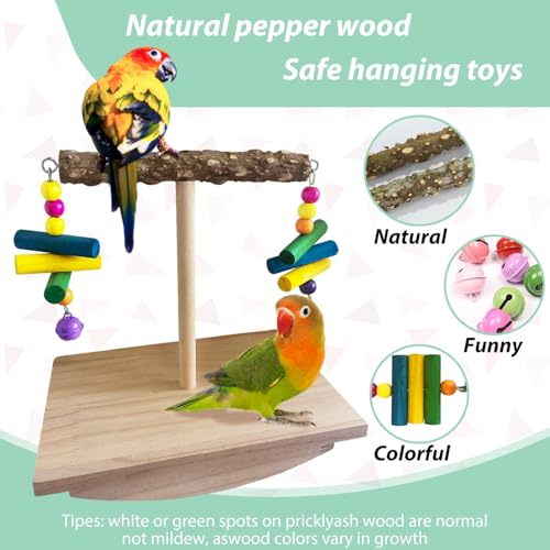 XL Bird Perch Budgie Toy Interactive Spinning Parakeet Perch with Two Hanging Accessories, Wooden Swing Parrot Perch Stand Enrichment Bird Supplies for Cockatiel, Budgie, Conure, Lovebird