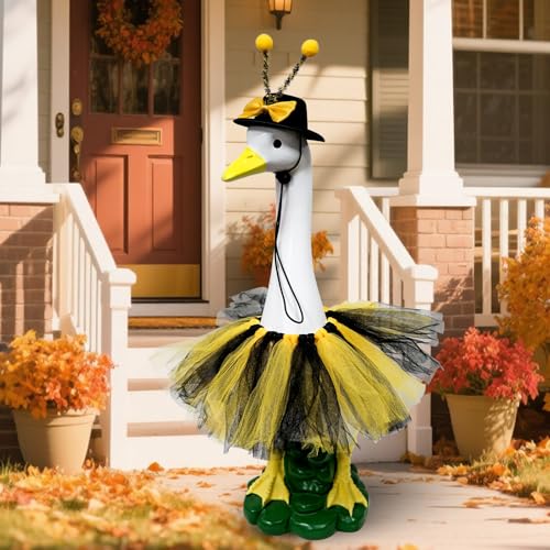 20" Porch Goose Statue with Bee Skirt Outfit, Large Resin Statues - color: Bee Hat and Skirt