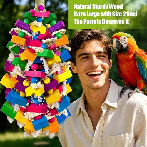 Large Parrot Chew Toys, Colorful Natural Wood Hanging Shredding Toy, Heavy Duty Beak Grinding Enrichment Toy for Macaw, Cockatoo, African Grey Large Bird Cage Accessories