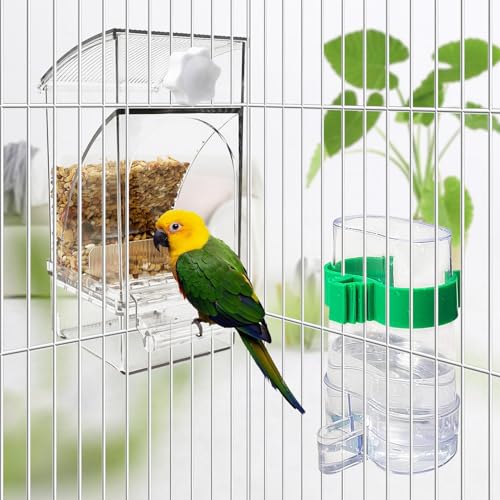 Hamiledyi No Mess Bird Feeders Water Dispenser Set Automatic Parakeet Cage Feeder with Perch Transparent Acrylic Container Parrot Cage Accessories for Canary Budgie Lovebirds Finches - color: Feeder + Drinking Bottle