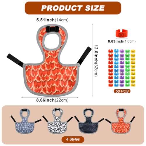 4PCS Chicken Saddles for hens, Chicken Apron Back Protector for Hens with Adjustable Strap, Chickens Hen Mating Saddle, with 50pcs Chickens Identification Band