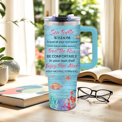 DUUV Sea Turtle Tumbler 40oz, Blue Turtles Cup Gifts for Women | Ocean Themed Tumbler for Beach Lovers Leakproof, Cute Animal Print Water Bottle, Ideal Gifts for Sea Turtle Lover, 1 Pack - color: Light Blue Turtle
