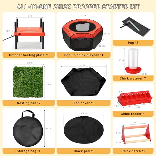 Upgrade Chick Starter Kit, 6-in-1 Chicken Brooder Box for Chicks Includes Pop-Up Chicken Playpen Tent,12 * 12" Heat Brooder Plate, Chicks Feeder, Waterer, Perch & Nesting Pad for Poultry Ducks Quail