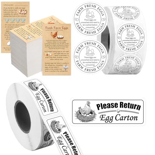 3 in 1 Total 1200pcs Fresh Farm Egg Egg Stickers Set Include 500pcs Farm Fresh Eggs Carton Labels 200pcs Handling Instruction Cards 500pcs Please Return Eggs Carton Labels Stickers