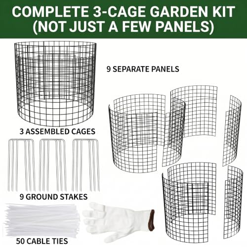 3Pack 17x14 Inch Green Coated Galvanized Wire Plant Protectors, 9Pcs Mesh Cloches with Stakes & Zip Ties, Chicken Wire Cage for Rabbits Squirrels Chickens, Garden Vegetable Seedling Protection