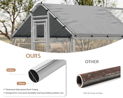 26x10 FT Extra Large Walk-in Chicken Coop with Spire Roof Cover | Front and rear doors, feeding door, roosting ladder and galvanized frame support easier poultry care and access - size: 298.4"L x 118.1"W x 77.6"H