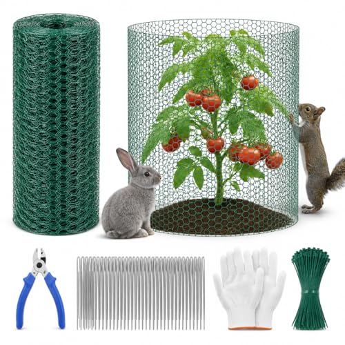 Plant Protectors from Animals, 0.85mm Free-Cut Green Chicken Wire Mesh, PVC Coated Tree Trunk Guard & Garden Fence for Outdoor Plants with Zip Ties, Stakes, Pliers, Gloves (16.4Ft*16In(16x 197 Inch)) - size: 16.4Ft*16In(16x 197 Inch)