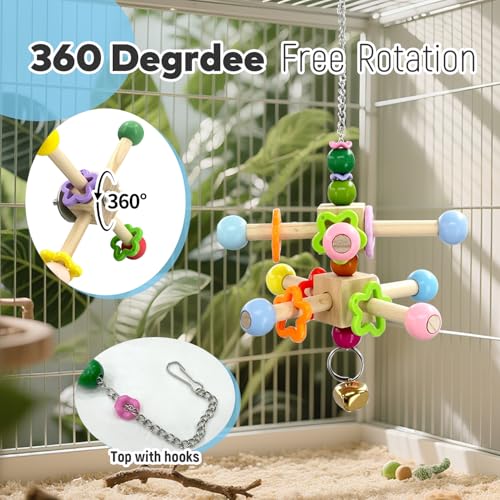 2 Pcs Parakeet Toys, Natural Wood Spinner with Bells, Hanging Cage Accessories for Small Moderate Birds to Relieve Boredom and Anxiety
