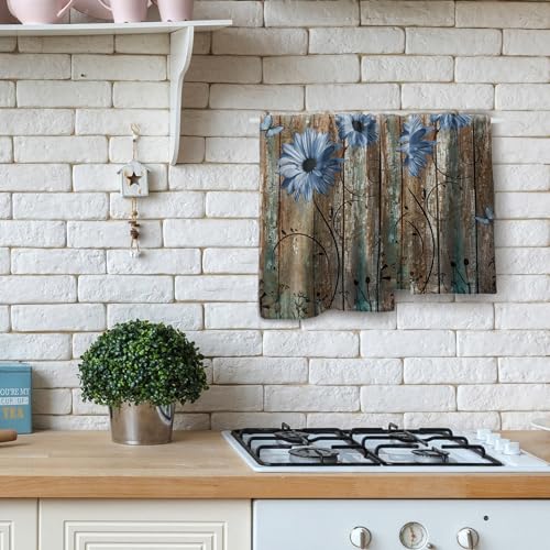 Giwawa Rustic Barn Sunflower Wooden Hand Towel 15x30 Set of 2, Fall Blue Daisy Flower Plank Fingertip Towel Retro Board Face Towel Country Barnwood Washcloth for Bathroom Farmhouse Log Cabin - color: Board Daisy Blue
