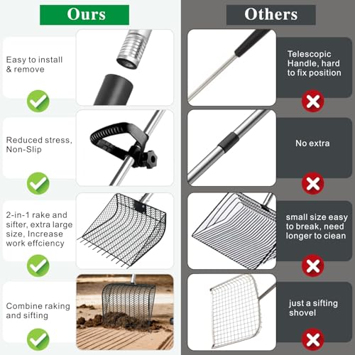 Chicken Poop Scooper & Rake 2-in-1, 25" to 67" | Large Metal Stainless Steel, Chicken Litter Scoop with Handle, Farm Pet Waste Cleaning, Sifting Litter Shovel - size: 11.8"L x 9.5"W x 3.5"H