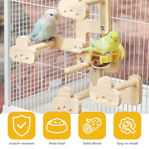 Natural Wood Perch Stand with Feeding Cups(PVC Bowl) | Parrots Play Gym,Birds Perch Stand,feeder - color: wood