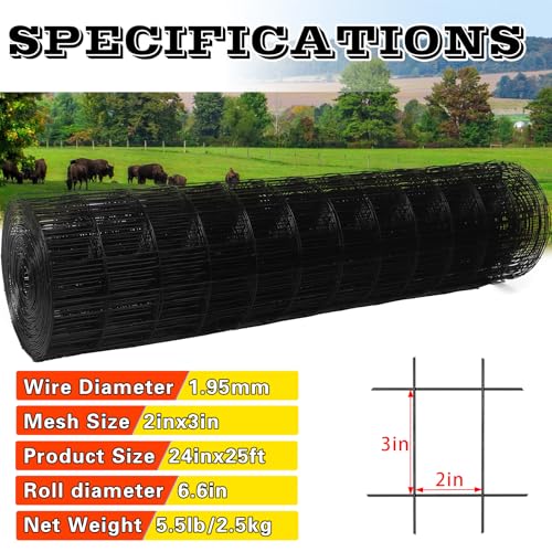 Welded Wire Fence 24inx25ft, 16GA, Mesh Size 2" x 3" Black Hardware Cloth, Chicken Wire Fence, PVC Coated Garden Border Fencing, Vinyl Coating Metal Wire Mesh for Yard, Dog Vegetable, Plant - size: 24inx25ft
