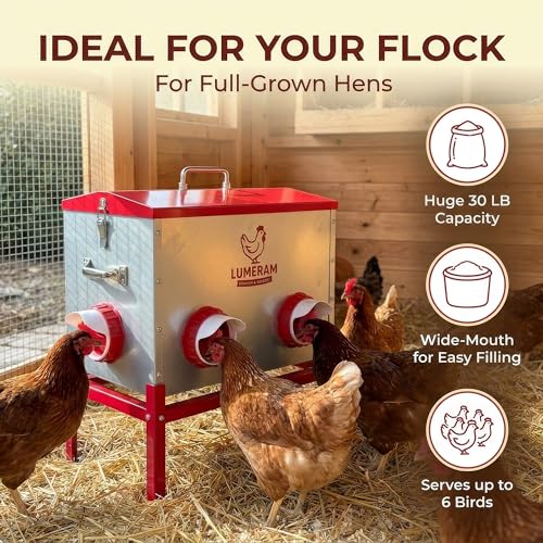 30 LB Large Automatic Chicken Feeder with No-Waste Ports – Outdoor Metal Chicken Feeders with Adjustable Stand, Rodent-Resistant Design & Riveted Handles for Chickens, Ducks & Poultry