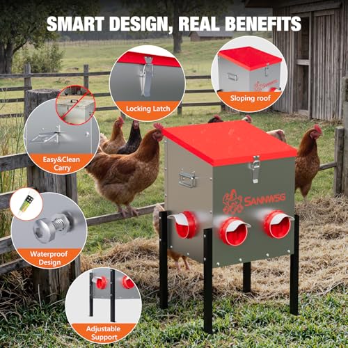 Chicken Feeders,30 lb Capacity 6 Port Automatic Chicken Feeder, Metal Chick Feeder with Locking Lid and Legs, Chicken Feeder for Chickens, Ducks, Geese - size: 6 Ports (2+2+2)