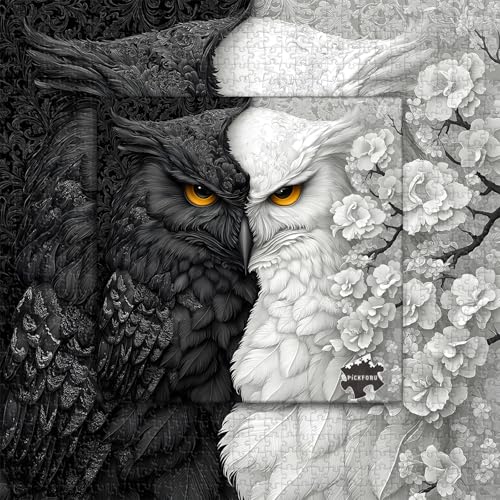 Yin Yang Owl Puzzle for Adults 1000 Pieces，Black and White Puzzles Owl Flowers, Impossible Difficult Hard Bird Jigsaw Puzzle, Animal Floral Art Challenge Puzzle Aesthetic - style: PT-986-Yin Yang Owl Puzzle