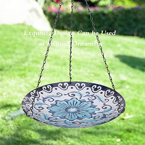 Hanging Bird Bath Outdoor Glass Flower Birdfeeders Garden Yard Decor | 12 Inch Hanging Bird Bath for Outside, Flower Glass Bird Water Bowl Bird Feeder for Garden, Lawn and Yard Decor - color: blue and white porcelain