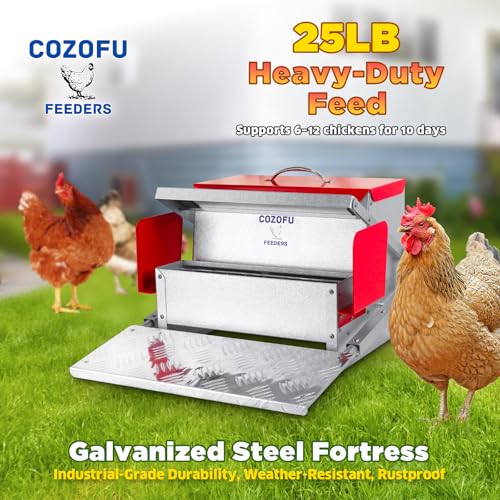 Feeders Automatic Chicken Feeder - Large Capacity for 6-12 Chickens, Lasts 10 Days (25lb Feed), Durable Galvanized Steel, Rat-Proof, No-Spill, Weatherproof Lid - color: Green, size: 25LB