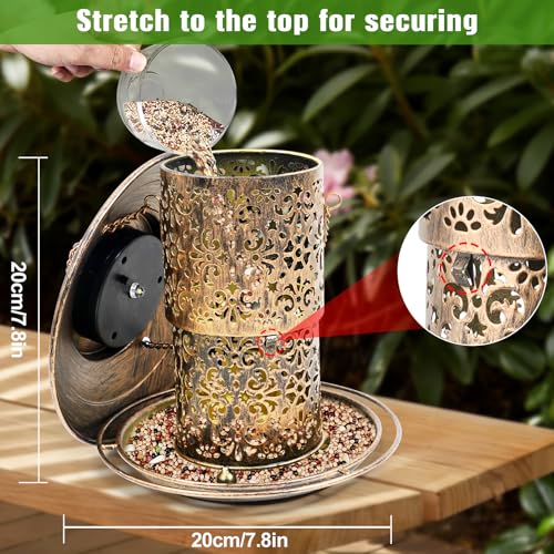 DY-SKTY Metal Bird Feeder for Outdoor Hanging, Large Capacity Solar light Wild Bird Feeder with Drainage Holes,Landing Ring, Solar Lanterns for Garden Decoration, Unique Bird Watching Gift for Outside