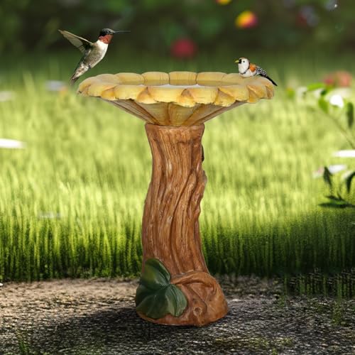 SKYFIRE 24.4" H Sunflower Bird Bath Outdoor - Fibre Reinforced Concrete Pedestal Birdbath, 19.6" Dia. Garden & Patio Decor, Weather Resistant Yard Bird Bath for Backyard Lawn - color: Sunflower Yellow