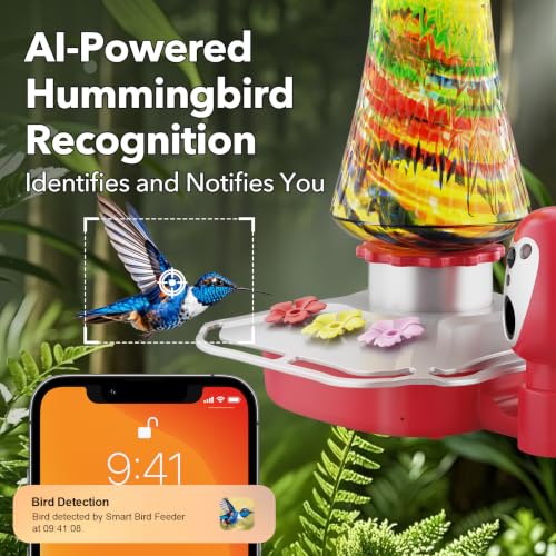 Hummingbird Feeder with Camera, 2K Smart Bird Feeder with AI Bird Detection & App Alerts, Solar Powered Bird Feeder Camera with Water Level Monitor, Hand-Blown Glass Hummingbird Feeder for Outdoors