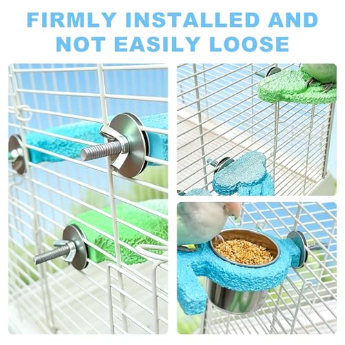 3pcsRainbow Cloud-Shaped Bird Perch Platform + Beak Conditioning Stone + Stainless Steel Feeder,Parrot Perch for Cage Volcanic Rock Mineral Bird Perch,for Parakeets,Cockatiels,Lovebirds（Green） - color: G