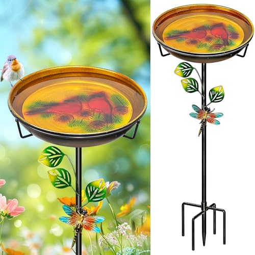 Bird Bath for Outside, Outdoor Metal Birdbath with 5-Prong Stake | 35.4In Height, Adjustable Height, Rust Resistant Finish, Easy Assembly, Shallow Bowl Design, Lawn Patio Decor Gift - color: Orange-yellow