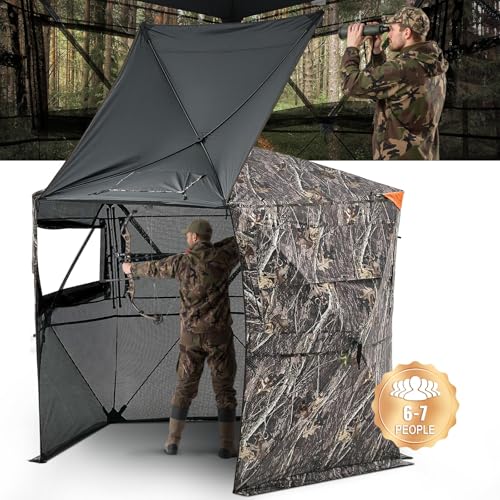 VEVOR Hunting Blind，See Through Ground Blinds with Carrying Bag, 360 Degree Portable Camouflage Tent，Durable Concealed Shelter with Silent Side Door and Window, for Turkey and Deer - size: 6-7 Person（288° See Through ）
