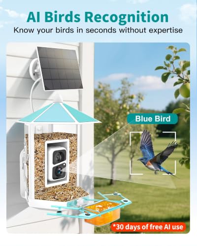 Smart Bird Feeder with Camera Solar Powered, AI Bird Species Identification | 2K Video Live Stream, 5MP Photos, Durable Metal for Outdoor, Real-Time Bird Alert, 1.8L Capacity, Gifts for Mom Dad Birdlover - color: Blue