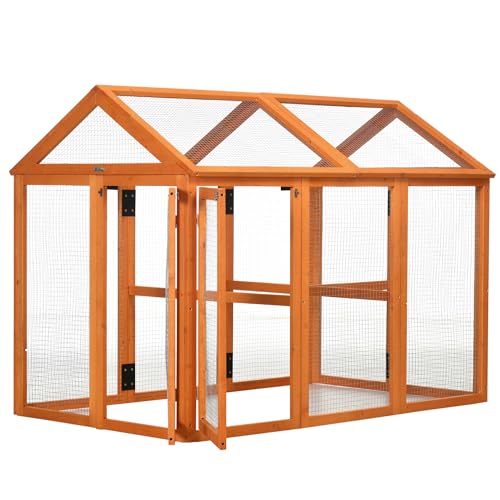 PawHut Chicken Run, Wooden Large Chicken Coop, Combinable Design with Perches & Doors for Outdoor, Backyard, Farm, 4.6' x 2.8', Orange | Combinable Design, Perches & Doors, for Outdoor, Backyard, Farm