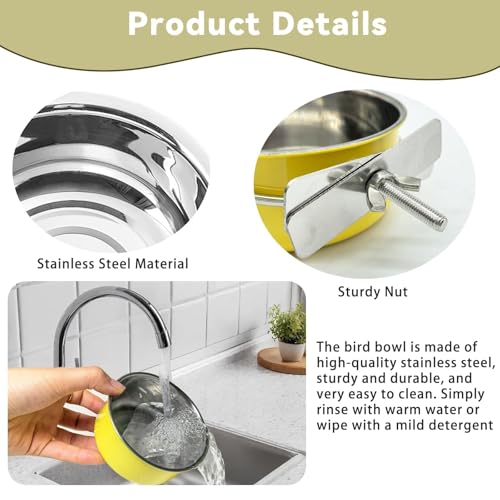 2 Pcs Parrot Feeding Dish Cups,Stainless Steel Bird Food Water Bowls | Parrot Cage Feeder with Clamp Holder Small Bird Feeding Cup for Parakeet Cockatiels Conure Budgies Chinchilla Small Animal - size: 2pcs Yellow