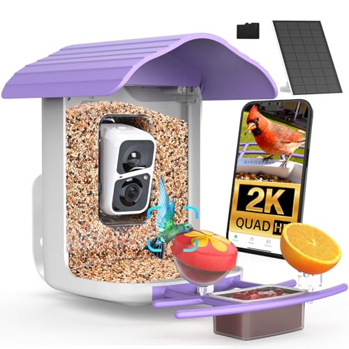 birdsnap® PAV Bird Feeder with Camera Solar Powered 2K Live Video 64GB Card | AI Bird Species Identification, Instant Arrival Alerts, IP65 Waterproof, Wild Bird Feeders for Outdoors, Gift for Bird Lovers - color: Purple