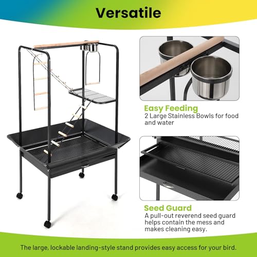 64 Inch Birdcage Stand with Wheels, Indoor Outdoor Parrot Playstand with Bowls,Perches and Ladders, Lockable Caster, for Macaw, African Grey, Cockatoo, Parakeet