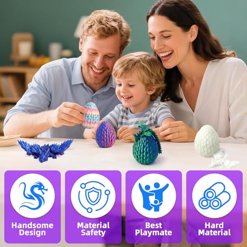 4 Pack 3D Printed Dragon Egg - Small Scale Egg with Winged Dragon Inside, Surprise 3D Printed Gift Toy, Desk Executive Pet, Figurine Decor（Purple Green Rainbow Glow - color: Purple+green Blue+candy Rainbow+glow Green