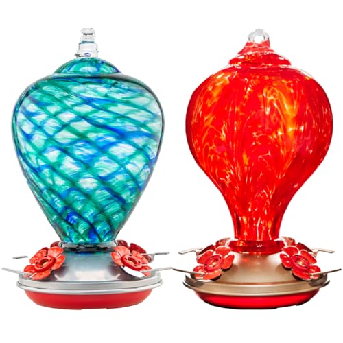 2 Packs Hummingbird Feeder for Outdoors Hanging Ant and Bee Proof, 34OZ 32OZ Hand Blown Glass Hummingbird Feeders for Outside (Blue & Flame) | LaElvish Garden 2 Packs Hummingbird Feeder for Outdoors Hanging Ant and Bee Proof, - color: Blue & Flame