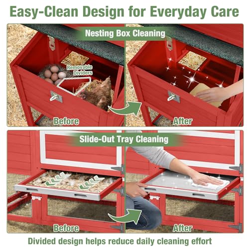 Mobile Chicken Coop with Wheels for 4-6 Chickens, Large Outdoor Hen House with Run, Weatherproof Asphalt Roof, Sectionable Nesting Box & Pull-Out Tray, 82.4" L x 25.8" W x 44.1" H - Red - size: 82.4"L x 25.8"W x 44.1"H