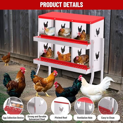 GarveeLife 6 Compartment Chicken Nesting Box with Metal Legs, Nesting Boxes for Chickens, Metal Chicken Laying Boxes with Perch, Secure Lid, Versatile Wall Mount or Free Standing for Hens, Red - color: red, size: 6 grids with legs