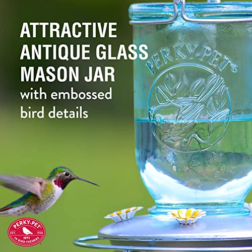 Perky-Pet Mason Jar Hummingbird Feeder, 32 oz Nectar Capacity | Vintage Style Glass Bird Feeder, 5 Flower Feeding Ports, Outdoor Garden Backyard Wildlife - color: Blue Mason Jar