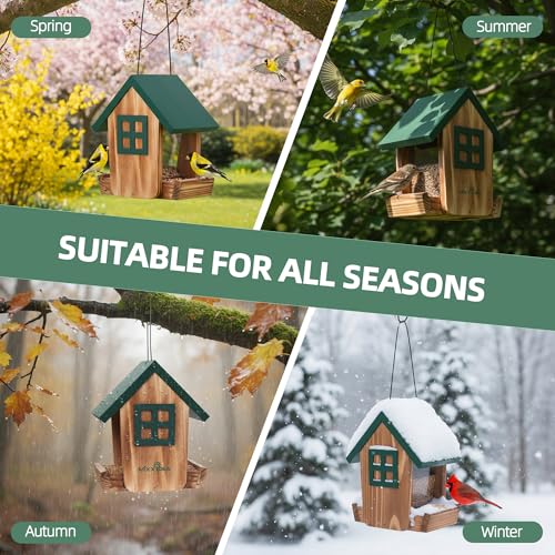 Wooden Hanging Hopper Bird Feeder for Outdoors with Weatherproof Roof Green | Bird House Feeder Attracts Various Wild Birds Cardinals, Bluebirds For Backyard, Yard And Patio Hanging Feeding - color: Green