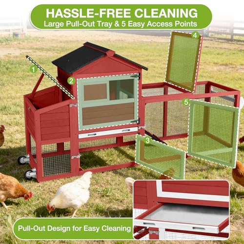 GUTINNEEN Large Chicken Coop with Run for 4-6 Chickens, Mobile Chicken Coop with Wheels & Handle, Outdoor Wooden Hen House with Nesting Box, Removable Tray, Waterproof Roof, Poultry Cage-Red - size: 82.4"L x 25.8"W x 44.1"H-Red