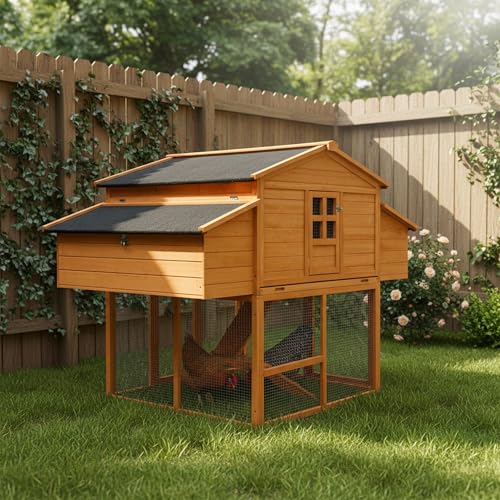 Chicken Coop for 6-8 Chickens with 2 Nesting Boxes, Removable Leakproof Tray, UV-Resistant Roof, 6 Access Doors 70x42x55in
