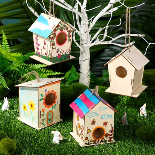 DoubleFill 24 Pcs Bulk Wooden Bird Houses Kits for Kids Mini Bird House for Craft DIY Unfinished Wood Birdhouse to Paint, Build for Children Wooden Arts Classroom Activity, 3 Styles