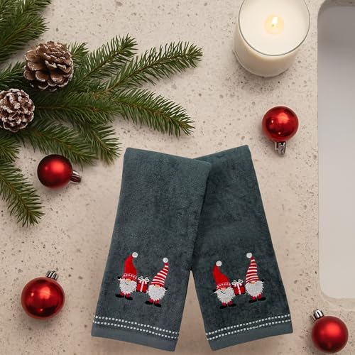 Christmas Gnomes Towel Set: Grey Hand Towels with Red White Embroidery Jolly Nordic Gnome - color: Gnome Friends