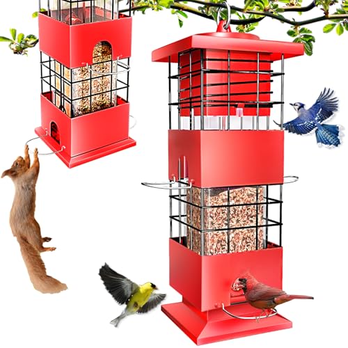 Squirrel Proof Bird Feeder, 3.5Lbs Metal Wild Bird Feeders Anti Squirrel with 4 Feeding Ports for Garden Bird Feeding Station Outdoors Hanging, Pigeon Resistant, Easy to Clean & Refill (Red) - color: Red