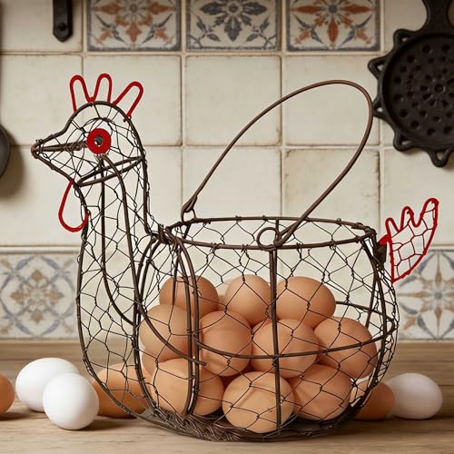 Rooster Shaped Chicken Wire Egg Basket for Gatheirng Fresh Egg | Chicken Egg Basket,Metal Egg Collecting Basket with Handle, Farmhouse Countertop Decor, Chicken Coop& Kitchen