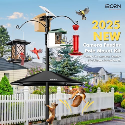 iBorn Smart Bird Feeder Pole with Squirrel Baffle, 63" Camera Bird Feeder Birdhouse Pole & 19.5”Oversized Baffle, Mounting Kit for Camera Feeder Stand for Outside+2Hooks(Feeders NOT Included) - size: Camera Bird Feeder Pole+2 Hooks+19.5" Baffle