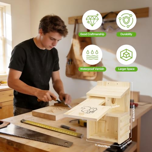 Large Wooden Squirrel House for Outside, Predator Guard Squirrel Nesting Box, Easy Assembly Outdoor Shelter for Squirrels & Chipmunks, Weatherproof Pine Wood Wildlife Habitat