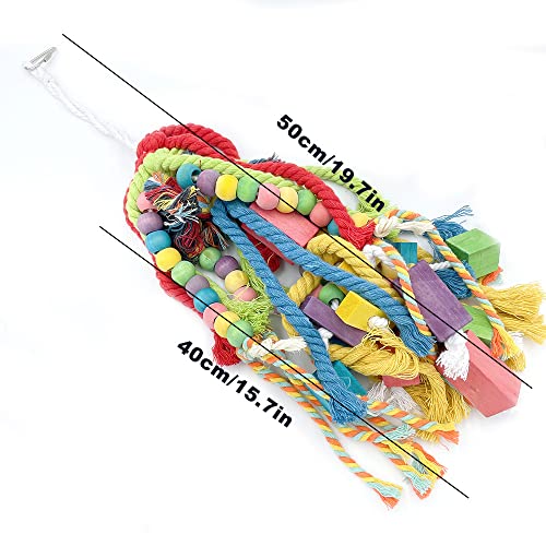 20.5 inch Parrot Chewing Toys - Wooden Block Tearing and Cotton Rope Toys for Medium Large Extra Large Parrot Conures African Grey Amazon Cockatoo and Macaw