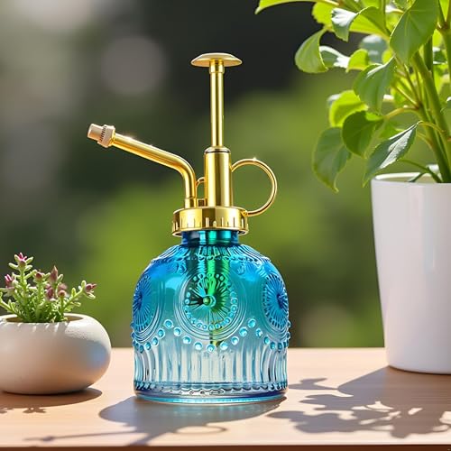 Glass Plant Mister Spray Bottle, 230ML Vintage Plant Spritzer, Succulent Watering Bottle Glass with Top Pump, Small Plants Sprayer Watering Can for Indoor Outdoor House(Blue and White) - color: dark or deep green