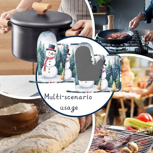 Oven Mitts and Pot Holders Sets,Cute Snowman Thick Cotton Kitchen Oven Mitt Set,Christmas Winter Forest Waterproof Anti-Slip Silicone Mittens for Baking,Cute Cooking Utensils Set - color: Cute Snowman